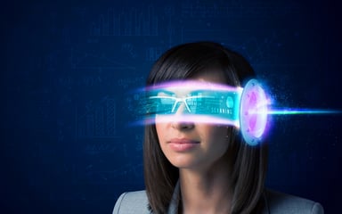Woman from future with high tech smartphone glasses concept Woman from future with high tech smartphone glasses concept